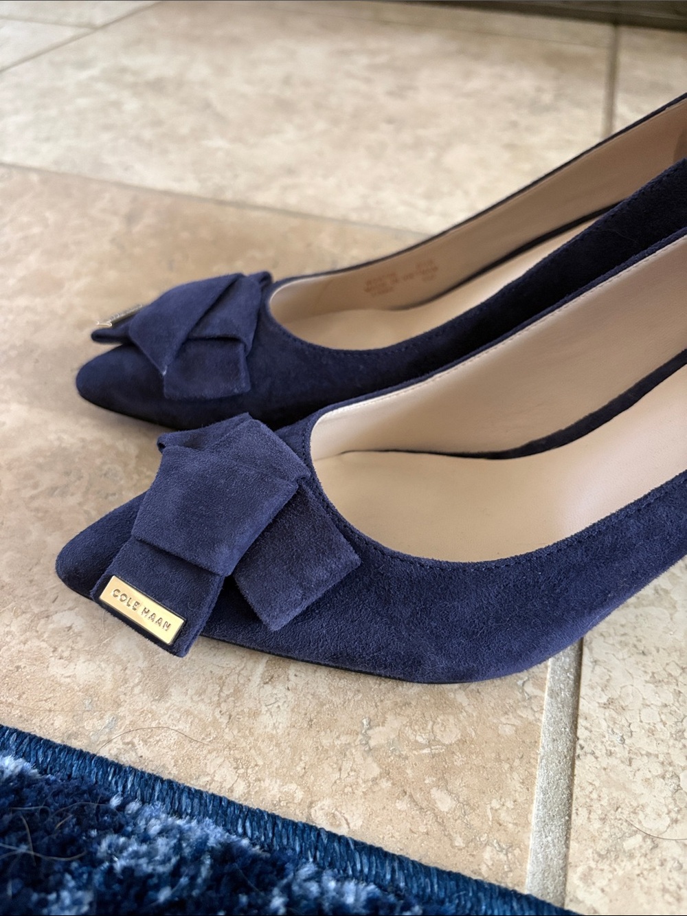 Cole Haan Navy Suede Pointed Toe Pumps with Bow Accent - Picture 2 of 3